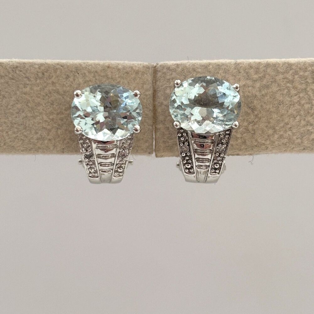 14K White Gold Blue Topaz Old Money Lever Back Stud Earrings Capsule Luxury